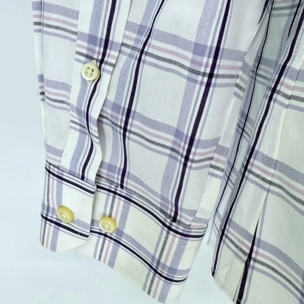 Banana Republic Mens L Non-Iron Tailored Slim Fit Purple White Plaid Dress Shirt